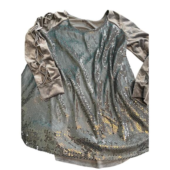 Roamans gray silver sequin velvet bling top shirt cut out criss cross sleeve 14 - Picture 1 of 11